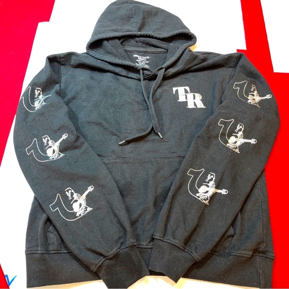 True Religion BLACK HOODIE Horseshoe Pullover Hooded SWEATSHIRT silver Graphic M - Picture 13 of 13